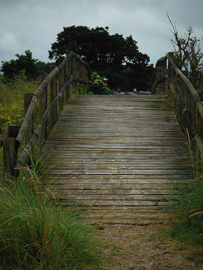 Dünen und Brücke eine alte Holzbrücke