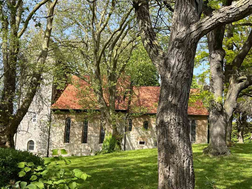 Kirche versteckt hinter Bäumen