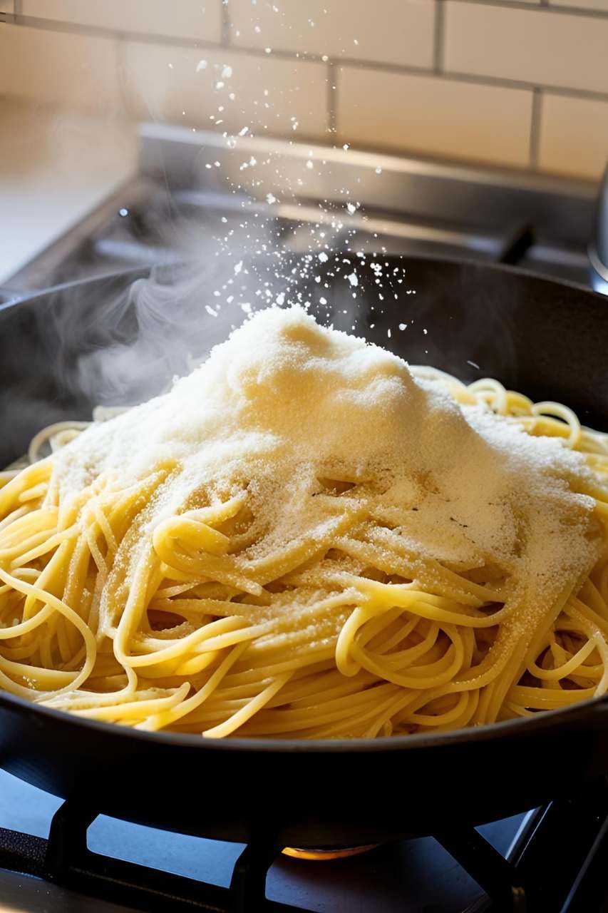 Nudeln in einer Pfanne mit Parmesan Rezeptfoto Kochen KI erstellt von Canva