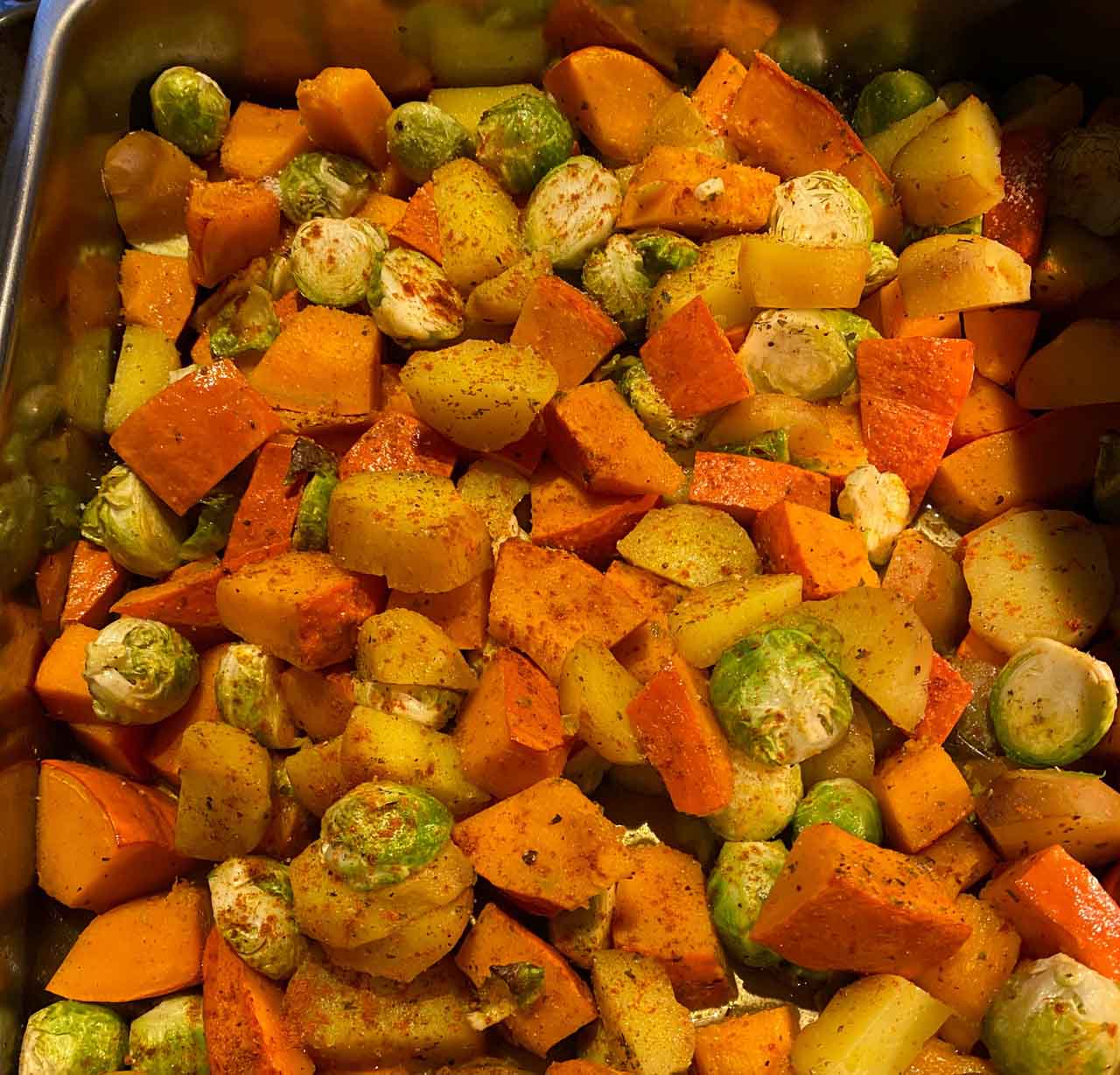 Rosenkohl Kürbis Kartoffel vom Blech