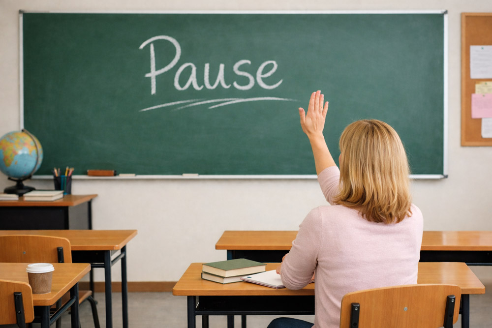 Kurze Meldung Schülerin in einem Klassenzimmer zu einer Pause mit KI generiert