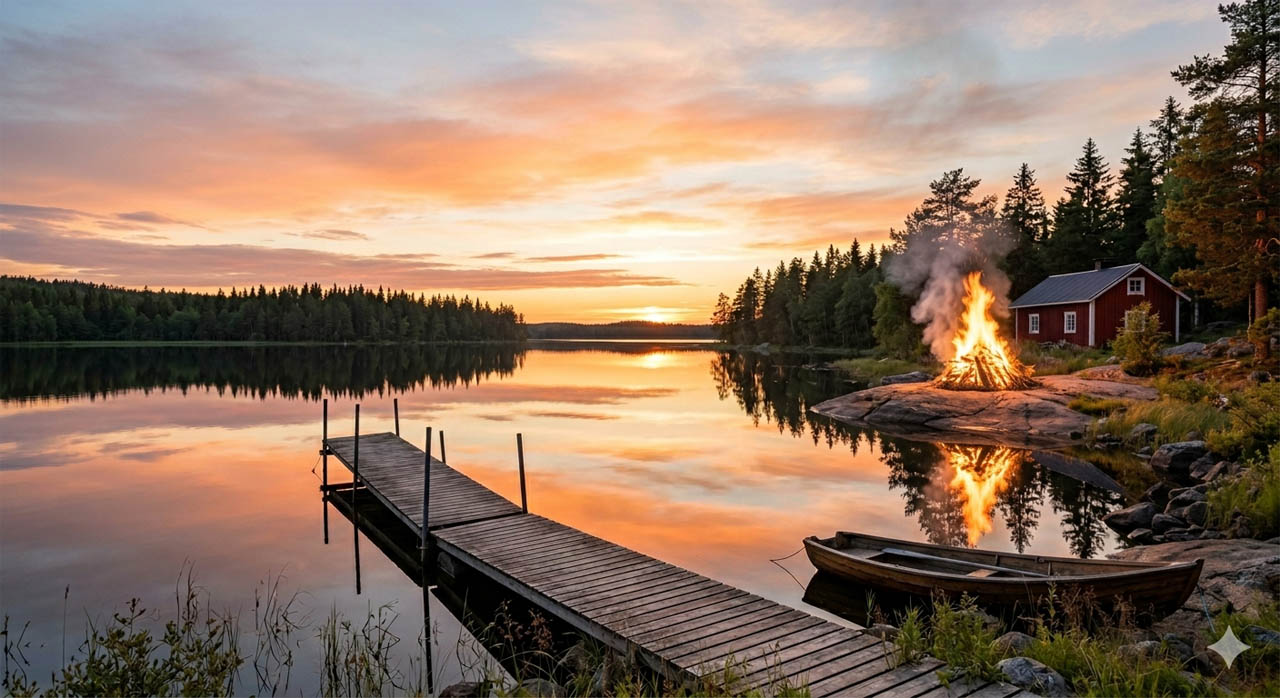 valkeat yöt die weißen nächte in Finnland Feier am Mökki am See mit Kokko Lagerfeuer